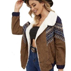 ZAFUL Double Breasted Tribal Print Faux Shearling Collar Corduroy Jacket Size 8